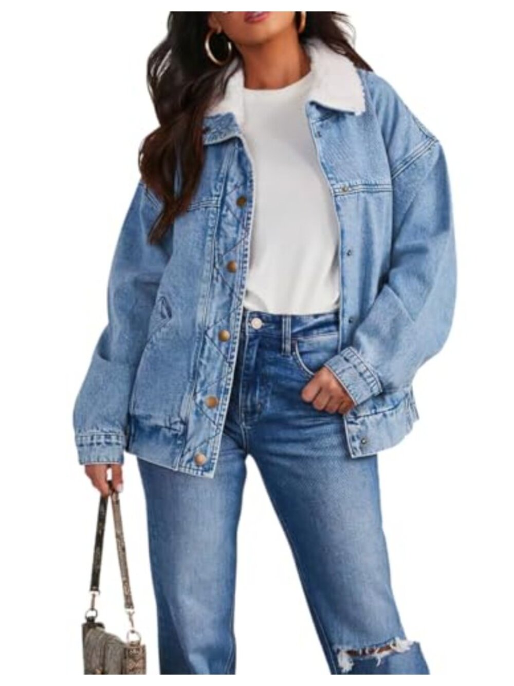 Oversized Sherpa Lined Denim Jacket Faux Fur Collar Trucker Coat